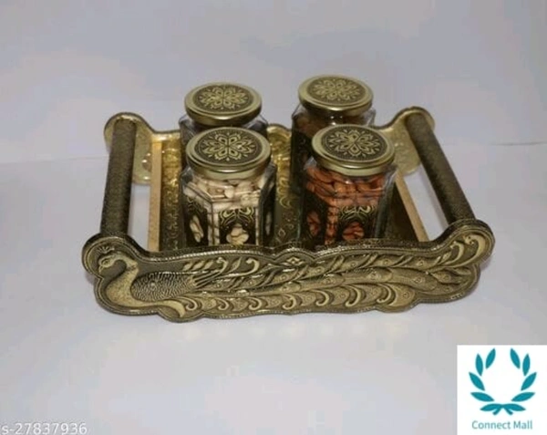 VNS Tray and Jar Peacock Tray wooden 4 Glass Jar) 